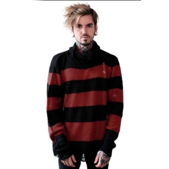 Killstar Seven Knit Sweater | Blood Red Distressed Raw Hem Extra Long Striped - Picture 2 of 8